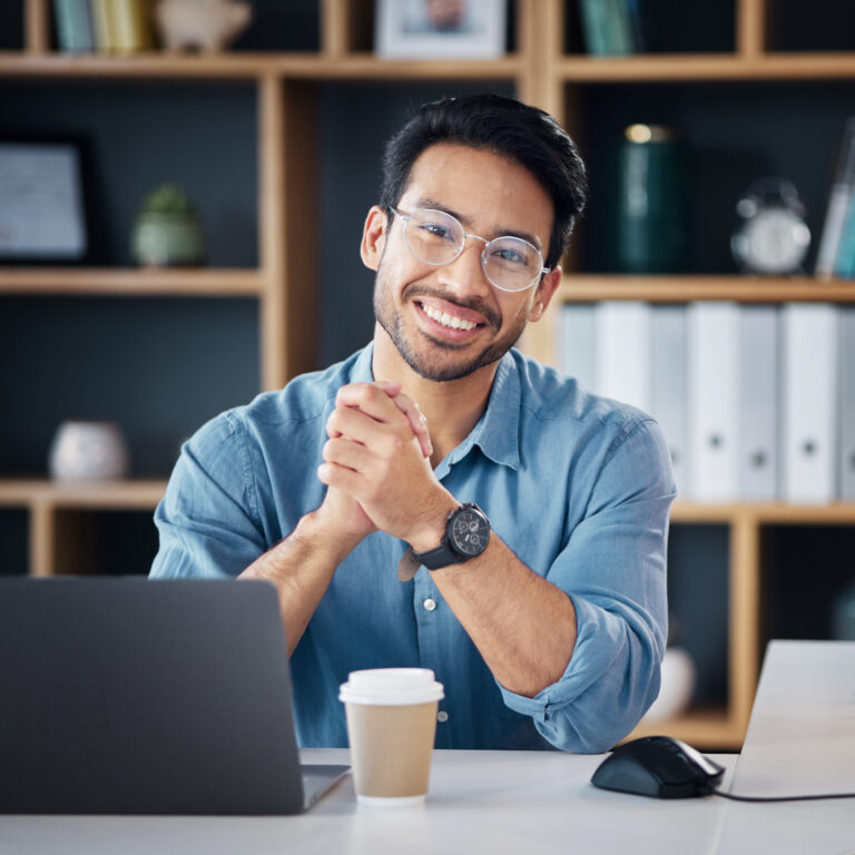 Asian man, portrait smile and laptop of financial advisor in small business or networking at office